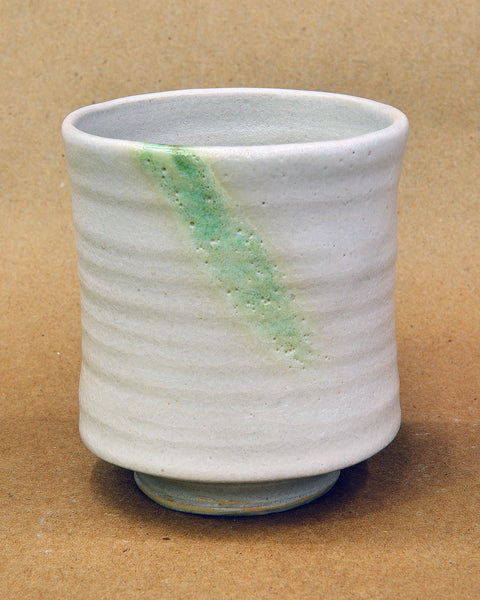 Handmade White Ceramic Drinking Chocolate Cup with Green Stripe from Savage Studio